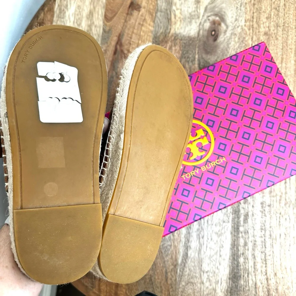 Tory Burch Selby Two Band Espadrille Slide Sandal Waxy Napa Leather Syru…